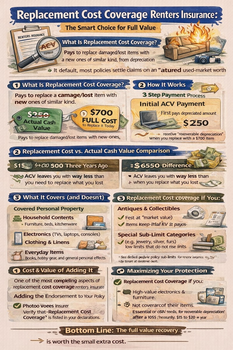 Replacement cost coverage renters insurance infographic